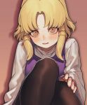  1girl bangs black_legwear blonde_hair blush brown_background commentary_request eyebrows_visible_through_hair feet_out_of_frame heoningu highres knees_up korean_commentary long_sleeves looking_at_viewer moriya_suwako no_hat no_headwear open_mouth pantyhose purple_vest ribbon-trimmed_sleeves ribbon_trim shadow shirt short_hair sidelocks simple_background sitting solo touhou vest white_shirt wide_sleeves yellow_eyes 