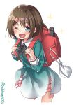  1girl ;d alternate_costume backpack bag blue_eyes blush brown_hair dress ebifurya eyebrows_visible_through_hair hair_ornament hairclip highres kantai_collection long_sleeves looking_at_viewer maya_(kantai_collection) one_eye_closed open_mouth randoseru recorder_case school_bag short_hair simple_background smile solo twitter_username white_background younger 