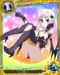  1girl :p boots breasts card_(medium) cat_hair_ornament character_name chess_piece demon_wings gloves hair_ornament high_heels high_school_dxd looking_at_viewer official_art rook_(chess) short_hair silver_hair small_breasts smile solo thigh-highs thigh_boots tongue tongue_out torn_clothes toujou_koneko trading_card wings yellow_eyes 