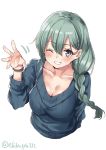  1girl alternate_costume alternate_hairstyle aqua_eyes aqua_hair blue_sweater blush braid breasts cleavage closed_mouth ebifurya eyebrows_visible_through_hair grey_eyes grey_sweater hair_between_eyes hair_ornament hairclip highres kantai_collection large_breasts long_hair looking_at_viewer one_eye_closed ribbed_sweater simple_background single_braid smile solo suzuya_(kantai_collection) sweater twitter_username upper_body white_background 