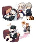  4girls ?? bandaid bandaid_on_nose blush_stickers briefcase closed_eyes commentary_request couch covering_face doughnut food g11_(girls_frontline) girls_frontline hands_clasped hat hs2000_(girls_frontline) jacket messy_hair multiple_girls own_hands_together pantyhose ponytail ribeyrolles_1918_(girls_frontline) shirt shuzi simple_background sleeping tears white_background white_hair white_legwear 