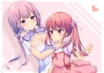  2girls bad_id bad_pixiv_id bangs blush braid breasts cleavage cleavage_cutout closed_mouth dress drop_shadow eyebrows_visible_through_hair fingernails hair_ribbon heart highres long_hair low_twintails medium_breasts multiple_girls original pink_background pink_dress puffy_short_sleeves puffy_sleeves purple_hair red_eyes redhead ribbon shirt short_sleeves smile tsuruse twintails two-tone_background very_long_hair violet_eyes white_background white_ribbon white_shirt wrist_cuffs yuri 