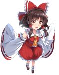 1girl :d ascot bad_proportions bangs bare_shoulders blush bow breasts brown_eyes brown_footwear brown_hair collarbone commentary_request detached_sleeves e.o. eyebrows_visible_through_hair frilled_ascot frilled_bow frilled_shirt_collar frills full_body hair_intakes hair_tubes hakurei_reimu highres long_sleeves looking_at_viewer mary_janes medium_breasts open_mouth petticoat red_bow red_skirt ribbon-trimmed_sleeves ribbon_trim shoes short_hair sidelocks simple_background skirt skirt_set smile socks solo touhou white_background white_legwear wide_sleeves yellow_neckwear 