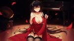  1girl ahoge alexiel_(pixiv6211566) azur_lane bare_shoulders black_hair black_legwear black_panties breast_suppress breasts choker cleavage collarbone commentary dress dress_lift evening_gown garter_belt hair_between_eyes hair_ornament hand_on_own_chest highres instrument large_breasts lifted_by_self long_dress long_hair looking_at_viewer on_floor one_side_up panties parted_lips petals phonograph piano red_dress red_eyes revision rose_petals side_slit signature sitting sleeveless sleeveless_dress smile solo spotlight taihou_(azur_lane) thigh-highs underwear very_long_hair 