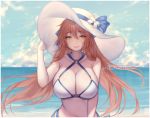  1girl alternate_costume bangs beach bikini blue_ribbon blue_sky blush breasts brown_hair cleavage clouds day eyebrows_visible_through_hair floating_hair flower girls_frontline green_eyes hair_between_eyes hair_rings half-closed_eyes hand_on_headwear hat hat_flower hat_ribbon large_breasts long_hair looking_at_viewer m1903_springfield_(girls_frontline) o-ring o-ring_top ocean outdoors parted_lips ribbon sarong sidelocks sky smile solo sun_hat swimsuit terupancake twintails twitter_username white_bikini white_flower wind wind_lift 