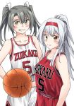  alternate_costume alternate_hairstyle basketball basketball_uniform eyebrows_visible_through_hair folded_ponytail grey_hair hairband headband kantai_collection long_hair shoukaku_(kantai_collection) simple_background sportswear twintails white_background white_hair yukiharu zuikaku_(kantai_collection) 