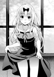  1girl blush bow dress eyebrows_visible_through_hair fujiwara_chika greyscale hair_bow kaguya-sama_wa_kokurasetai_~tensai-tachi_no_renai_zunousen~ lifted_by_self long_dress long_hair looking_at_viewer monochrome panties sakayama_shinta school_uniform solo underwear 