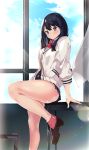  1girl absurdres black_hair blue_eyes blue_sky bow bowtie brown_footwear cardigan clouds commentary_request curtains day eyebrows_visible_through_hair highres legs long_sleeves looking_at_viewer red_neckwear shirt shoes short_hair sia_namsbinpeni sky socks solo ssss.gridman takarada_rikka thighs white_cardigan white_shirt window 