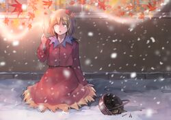  1girl aki_shizuha autumn_leaves basket brown_eyes fire hair_ornament holding ichiba_youichi kneeling leaf_hair_ornament little_match_girl matches no_hat no_headwear open_mouth snow snowing solo touhou 