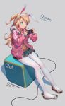  1girl ? animal_ears bangs blonde_hair blue_eyes eyebrows_visible_through_hair fake_animal_ears hair_bobbles hair_ornament hairclip handheld_game_console highres hood hood_down hooded_jacket ibara_dance jacket long_hair nintendo_switch one_side_up open_clothes open_jacket original pantyhose playing_games pleated_skirt pout rabbit_ears shoes_removed sitting skirt speech_bubble spoken_question_mark white_background white_legwear 