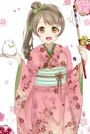  1girl 319thie floral_background highres japanese_clothes kimono love_live! love_live!_school_idol_project minami_kotori new_year obi open_mouth print_kimono sash smile 