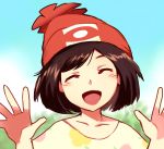  1girl arms_up beanie blurry blush brown_hair closed_eyes clouds collar_bone creatures_(company) depth_of_field game_freak happy hat mizuki_(pokemon) nintendo open_mouth pokemon pokemon_(game) pokemon_sm portrait red_hat short_hair sketch sky smile solo tree 