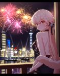  1girl aerial_fireworks back backless_dress backless_outfit backlighting bangs bare_shoulders black_dress black_ribbon blonde_hair blurry blurry_background blush breasts building city city_lights cityscape closed_mouth commentary_request cowboy_shot depth_of_field dress fireworks from_behind frown fur_collar girls_frontline hair_between_eyes hair_ribbon halter_dress halterneck highres letterboxed long_hair looking_at_viewer looking_back medium_breasts narynn night night_sky orange_eyes ots-14_(girls_frontline) railing ribbon shanghai_(city) shoulder_blades sidelocks sky skyscraper solo spotlight standing tower twitter_username v-shaped_eyebrows very_long_hair 