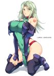  1girl bare_shoulders boots breasts character_name collar collarbone covered_navel cropped_jacket detached_sleeves eyebrows_visible_through_hair eyes_visible_through_hair full_body green_eyes green_hair hand_under_clothes harukon_(halcon) highres hips impossible_clothes jacket juliet_sleeves kneeling lamia_loveless large_breasts lips long_hair long_sleeves parted_lips puffy_sleeves shiny shiny_hair simple_background solo super_robot_wars super_robot_wars_original_generation tattoo thigh-highs thigh_boots white_background 