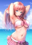  1girl armpits arms_behind_head arms_up bangs bare_arms bare_shoulders beach bit_(keikou_syrup) blue_eyes blurry blurry_background blush breasts commentary_request highres large_breasts long_hair looking_at_viewer megurine_luka navel ocean pink_hair solo strapless strapless_bikini swimsuit under_boob vocaloid 