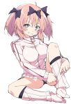  1girl black_bow bow breasts hair_bow hibari_(senran_kagura) ixy large_breasts long_sleeves looking_at_viewer pink_eyes pink_hair senran_kagura short_hair simple_background sitting smile socks solo white_background zipper 