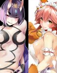  2girls :p animal_ears armband bare_shoulders bell black_eyes breasts cat_hair_ornament eyebrows_visible_through_hair fate/grand_order fate_(series) hair_ornament highres horns jewelry jingle_bell marushin_(denwa0214) multiple_girls open_mouth purple_hair redhead shuten_douji_(fate/grand_order) side-by-side sideboob smile tamamo_(fate)_(all) tamamo_cat_(fate) tongue tongue_out yellow_eyes 