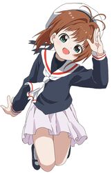  1girl :d absurdres ahoge bangs brown_hair card_captor_sakura commentary full_body green_eyes hair_intakes highres jumping kinomoto_sakura looking_at_viewer open_mouth salute school_uniform smile solo tomoeda_elementary_school_uniform white_background yamamoto_souichirou 