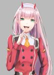  :d absurdres darling_in_the_franxx finger_to_mouth green_eyes grey_background hairband highres horns index_finger_raised jacket kokose long_hair long_sleeves looking_at_viewer military_jacket multiple_girls necktie open_mouth orange_neckwear pink_hair red_jacket shiny shiny_hair short_necktie simple_background smile solo tongue tongue_out upper_body very_long_hair white_hairband zero_two_(darling_in_the_franxx) 