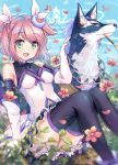  1girl ass bare_shoulders bodysuit dog estellise_sidos_heurassein gloves green_eyes highres navel orendi_laran pink_hair pipe repede short_hair smile tales_of_(series) tales_of_vesperia twintails 