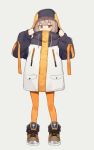  1girl adjusting_hood animal_costume bangs bob_cut boots brown_eyes brown_footwear brown_hair coat commentary hidden_mouth looking_at_viewer oversized_clothes pantyhose penguin_costume pocket short_hair shugao solo white_background yellow_legwear 