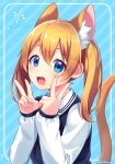  1girl :d absurdres animal_ear_fluff animal_ears bangs blonde_hair blue_background blue_eyes blue_vest cat_ears cat_tail collared_shirt double_v extra_ears fang hair_between_eyes hands_up highres long_hair long_sleeves looking_at_viewer open_mouth original sakura_chiyo_(konachi000) shirt sidelocks sleeves_past_wrists smile solo striped striped_background tail tareme twintails twintails_day twitter_username upper_body v vest white_shirt 
