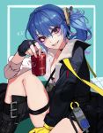  1girl absurdres bag bangs between_legs blue_background blue_hair blush boots bra choker cola da_(dsasd751) fingerless_gloves girls_frontline gloves hair_ornament hand_between_legs highres jacket_on_shoulders k11_(girls_frontline) long_eyelashes looking_at_viewer multicolored multicolored_eyes multicolored_hair nail_polish purple_hair shirt shoulder_bag side_ponytail simple_background smile solo thigh_strap thighs two-tone_hair underwear violet_eyes 
