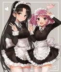  2girls :d ahoge alternate_costume apron black_dress black_hair blush brown_eyes closed_mouth cowboy_shot dated dress enmaided eyebrows_visible_through_hair frilled_skirt frills grey_background hands_together heart highres kantai_collection long_hair long_sleeves maid maid_apron maid_dress maid_headdress multiple_girls neck_ribbon open_mouth pink_eyes pink_hair rabbit ribbon sazanami_(kantai_collection) short_hair shouhou_(kantai_collection) signature skirt smile thigh-highs toka_(marchlizard) twintails very_long_hair w white_legwear white_ribbon 