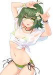  1girl :d antenna_hair arms_up bangle bangs bikini blush bracelet commentary_request cu-no eyebrows_visible_through_hair fingernails flower green_bikini green_eyes green_hair hair_between_eyes hair_flower hair_ornament hisenkaede jewelry navel nonono_futaba open_mouth see-through shirt short_sleeves side-tie_bikini simple_background smile solo striped striped_bikini swimsuit tied_shirt white_background white_flower white_shirt 