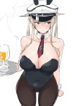  absurdres black_leotard bunny_girl bunnysuit cup detached_collar drinking_glass graf_zeppelin_(kantai_collection) hair_between_eyes hat highres iron_cross kantai_collection leotard maruya1006 military_hat pantyhose peaked_cap strapless strapless_leotard tray twintails white_hat wine_glass 