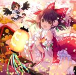  2girls :d ;q ascot bare_shoulders bell bird bird_wings black_hair black_skirt black_wings bloomers bobby_socks bow brown_eyes brown_hair camera cherry_blossoms coin detached_sleeves flower flower_bracelet frilled_bow frilled_shirt_collar frills gohei gold hair_bow hair_flower hair_ornament hakurei_reimu half_updo hat hinayuki_usa holding holding_camera holding_lantern jingle_bell koban_(gold) lantern long_hair long_sleeves looking_at_viewer multiple_girls nontraditional_miko one_eye_closed open_mouth paper_lantern petals petticoat puffy_short_sleeves puffy_sleeves red_bow red_eyes red_shirt red_skirt shameimaru_aya shirt short_sleeves skirt skirt_set smile socks tokin_hat tongue tongue_out torii touhou underwear white_legwear white_shirt wide_sleeves wings yellow_neckwear 