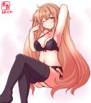  1girl black_bra black_legwear black_panties blush bra breasts brown_eyes closed_mouth eyebrows_visible_through_hair gradient gradient_background gradient_hair hair_between_eyes hair_flaps highres kanon_(kurogane_knights) kantai_collection large_breasts light_brown_hair long_hair looking_at_viewer multicolored_hair murasame_(kantai_collection) one_eye_closed panties solo thigh-highs twintails two_side_up underwear very_long_hair 