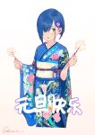  1girl :d absurdres blue_hair blue_kimono chinese commentary_request darling_in_the_franxx dated eyes_visible_through_hair fireworks floral_print flower gorgeous_mushroom green_eyes hair_flower hair_ornament hair_over_one_eye highres holding ichigo_(darling_in_the_franxx) japanese_clothes kimono looking_at_viewer obi open_mouth print_kimono revision sash short_hair signature smile solo sparkler standing translated wide_sleeves 