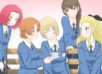  5girls :o absurdres arm_around_back assam bangs bench black_bow black_neckwear black_ribbon blonde_hair blue_eyes blue_sweater bow braid brown_eyes brown_hair closed_eyes closed_mouth commentary cup darjeeling dress_shirt emblem girls_und_panzer gradient gradient_background hair_bow hair_ornament hair_over_shoulder hair_pulled_back hair_ribbon hairclip hand_on_hip hands_on_own_thighs head_tilt highres holding_saucer light_blush long_hair long_sleeves looking_at_another medium_hair multiple_girls necktie open_mouth orange_hair orange_pekoe oze_(xyz_go_go11) parted_bangs parted_lips pink_background redhead ribbon rosehip rukuriri saucer school_uniform shirt short_hair single_braid sitting sleeping smile st._gloriana&#039;s_(emblem) st._gloriana&#039;s_school_uniform standing sweater teacup tied_hair twin_braids v-neck v_arms white_shirt wing_collar 