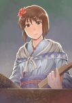  1girl blue_kimono brown_eyes brown_hair chiaki_rakutarou eyebrows_visible_through_hair flower hagiwara_yukiho hair_flower hair_ornament highres holding idolmaster idolmaster_(classic) japanese_clothes kimono looking_at_viewer red_flower short_hair solo upper_body 