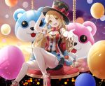  +_+ 1girl :3 :d back_bow balloon bang_dream! bangs black_hat black_shorts blonde_hair blurry bokeh bow bowtie breasts cleavage clothes_writing depth_of_field earrings hat hat_bow headwear_writing highres jewelry long_hair looking_at_viewer michelle_(bang_dream!) onsem open_mouth outstretched_hand pom_pom_(clothes) red_bow red_neckwear shoes short_shorts shorts shorts_under_skirt showgirl_skirt sitting small_breasts smile smiley_face solo sunset top_hat tsurumaki_kokoro yellow_eyes 