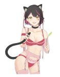  1girl :d animal_ears black_hair black_hairband bra breasts cat_ears cat_tail choker cleavage collarbone contrapposto cropped_legs earrings fake_animal_ears garter_belt groin hairband heart highlights jewelry looking_at_viewer medium_breasts multicolored_hair neck_ribbon open_mouth original panties pink_hair pink_legwear pink_ribbon red_bra red_panties ribbon saruno_(eyesonly712) short_hair simple_background smile solo standing striped tail thigh-highs two-tone_hair underwear underwear_only vertical-striped_bra vertical-striped_panties vertical_stripes white_background yellow_eyes 