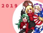  2019 3girls ;d american_flag_jacket american_flag_legwear animal animal_ears arm_up arms_up bangs black_jacket black_legwear blonde_hair boar clownpiece commentary_request fang fangs fur_collar green_eyes green_hair grin hat holding holding_animal horn jacket jester_cap kameyan komano_aun long_hair long_sleeves looking_at_viewer multiple_girls new_year one_eye_closed open_mouth pantyhose pink_background polka_dot red_eyes red_jacket red_scarf revision rumia scarf short_hair smile star star-shaped_pupils symbol-shaped_pupils thigh-highs touhou v violet_eyes zipper 