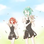  2others ahoge alternate_costume androgynous aqua_eyes aqua_hair blue_sky colored_eyelashes elbow_gloves eyebrows_visible_through_hair flower gem_uniform_(houseki_no_kuni) gloves green_eyes green_hair hair_between_eyes hand_in_hair happy highres houseki_no_kuni long_bangs multiple_others necktie open_mouth outdoors petals phosphophyllite red_eyes redhead shinsha_(houseki_no_kuni) short_hair sky smile umetofu 