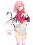  1girl black_bra bra breasts cleavage demon_tail eyebrows_visible_through_hair floating_hair hair_between_eyes jacket long_hair long_sleeves looking_at_viewer medium_breasts midriff miniskirt navel open_clothes open_jacket original pink_eyes pink_hair pink_legwear pleated_skirt red_jacket saruno_(eyesonly712) shiny shiny_hair simple_background skirt solo standing stomach tail thigh-highs underwear white_background white_skirt wings zettai_ryouiki 