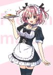  1girl :d apron artist_name bangs black_dress black_legwear black_ribbon blush choker cowboy_shot dress food frills hair_ornament hair_ribbon hairclip hand_up highres holding holding_tray looking_at_viewer maid maid_apron maid_headdress open_mouth original pink_eyes pink_hair plate ribbon short_hair short_sleeves sidelocks smile solo standing thigh-highs tray two_side_up white_apron yaki_mayu 