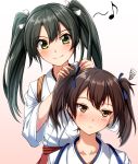  2girls alternate_hairstyle brown_eyes brown_hair collarbone commentary_request eighth_note expressionless gradient gradient_background green_eyes grey_hair hakama hakama_skirt japanese_clothes kaga_(kantai_collection) kantai_collection long_hair looking_to_the_side matching_hairstyle multiple_girls musical_note pink_background red_hakama squiggle tasuki twintails tying_hair upper_body white_background zanntetu zuikaku_(kantai_collection) 