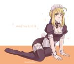  1girl ahoge apron arm_support artoria_pendragon_(all) black_legwear blonde_hair breasts cleavage fate_(series) green_eyes juliet_sleeves long_sleeves maid maid_apron maid_day maid_headdress puffy_sleeves saber small_breasts solo sparkle thigh-highs wrist_cuffs yurifucker 