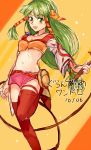  1girl breasts commentary_request feena_(grandia) grandia grandia_i green_eyes green_hair groin hair_tubes highres jewelry long_hair low-tied_long_hair midriff necklace ruru_kirby skirt smile solo thigh-highs weapon whip 