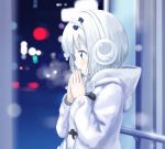  9so_(ponchon) bangs blue_eyes blunt_bangs blurry blurry_background check_character earmuffs hairband hands_together headphones highres hood hood_down hooded_coat open_mouth outdoors release_the_spyce short_hair theresia_ray upper_body white_coat white_hair white_hairband 