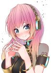  1girl anniversary armlet asymmetrical_sleeves bangs black_shirt blue_eyes blush bracelet breasts commentary crying crying_with_eyes_open eyebrows_visible_through_hair fingers_together giryu headphones jewelry just_be_friends_(vocaloid) looking_at_viewer medium_breasts megurine_luka nail_polish pink_hair shirt shoulder_tattoo smile solo straight_hair tattoo tears upper_body vocaloid white_background 