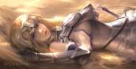  1girl absurdres armor artist_name blonde_hair blue_eyes dcchris fate/grand_order fate_(series) headphones highres jeanne_d&#039;arc_(fate)_(all) long_hair lying on_back solo sword weapon 
