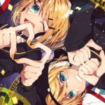  1boy 1girl ;d baseball_cap black_hat blonde_hair blue_eyes caution_tape close-up commentary detached_sleeves fang finger_heart from_above grin hair_ornament hairclip hands_together hat headphones kagamine_len kagamine_rin light_blush looking_at_viewer looking_to_the_side manya_sora nail_polish one_eye_closed open_mouth rettou_joutou_(vocaloid) rotational_symmetry sailor_collar short_hair siblings smile twins vocaloid 