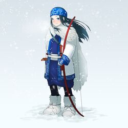  1girl ainu ainu_clothes asirpa black_hair blue_eyes blush boots bow_(weapon) cape commentary_request full_body fur_boots fur_cape golden_kamuy snow snowing solo standing weapon yue_(tada_no_saboten) 