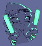  1girl :d beanie bracelet dot_nose eyes_visible_through_hair fang glowstick hat holding jewelry jtveemo long_hair octarian octoling open_mouth purple_background shirt short_sleeves smile solo splatoon splatoon_(series) splatoon_2 suction_cups t-shirt tentacle_hair 